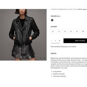 All Saints, Darby Slim Fit Leather Biker Jacket, Size US 0, UK 4 Black